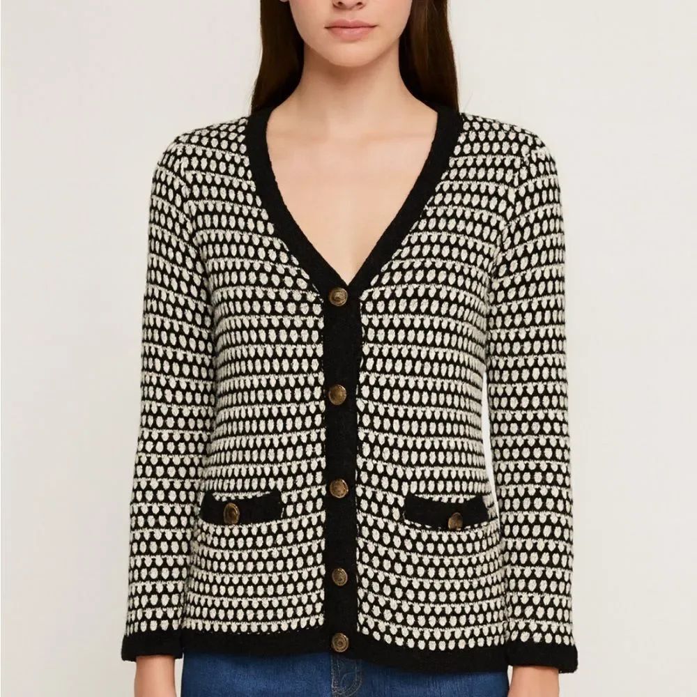 CAbi Coco Waffle Knit White/Black Striped Button Up Women’s Cardigan Size S
